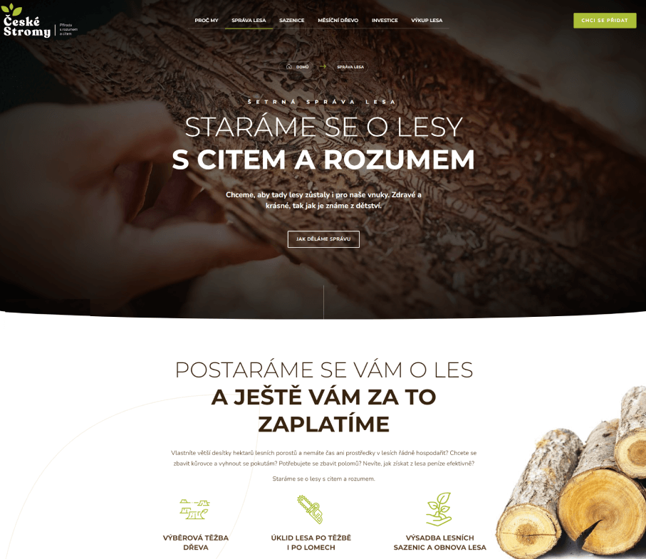 Návrh webu a copywriting pro CeskeStromy.cz - startup z Brna, který chce zachránit české lesy před kůrovcem