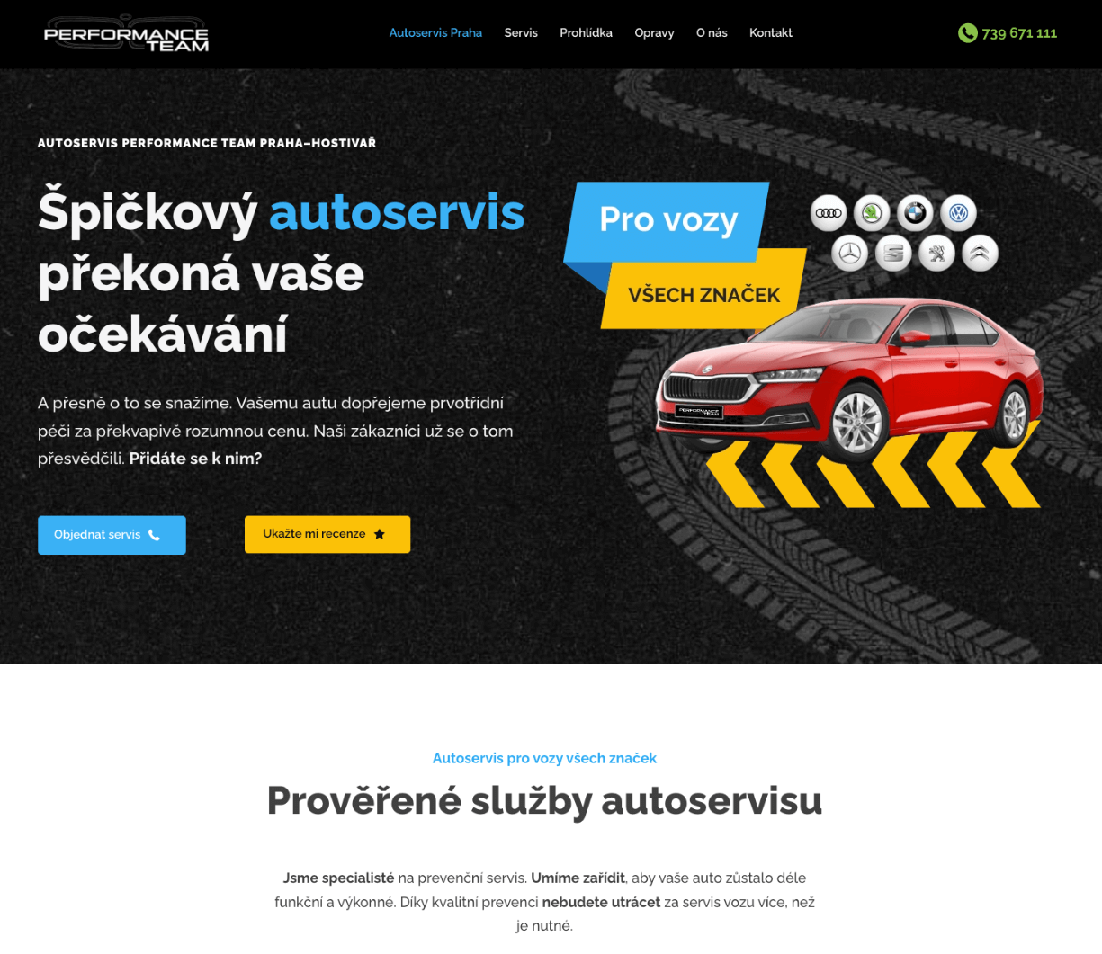 Kompletní tvorba nového webu pražského autoservisu Performance Team – UX, copywriting, konverzní cesta, WordPress